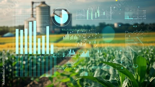 Advanced technologies are being applied in corn farming to improve crop yields and efficiency. Digital tools track data while farmers manage fields in a vibrant rural landscape