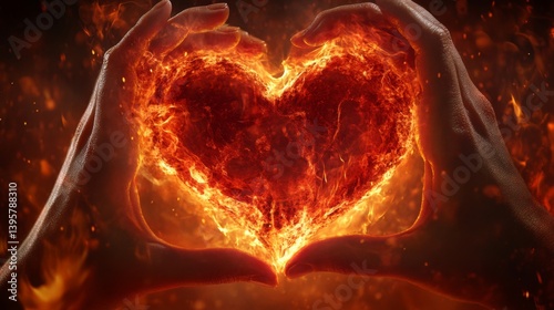 Fiery heart shape created by hands surrounded by flames in a dramatic display of passion and intensity photo