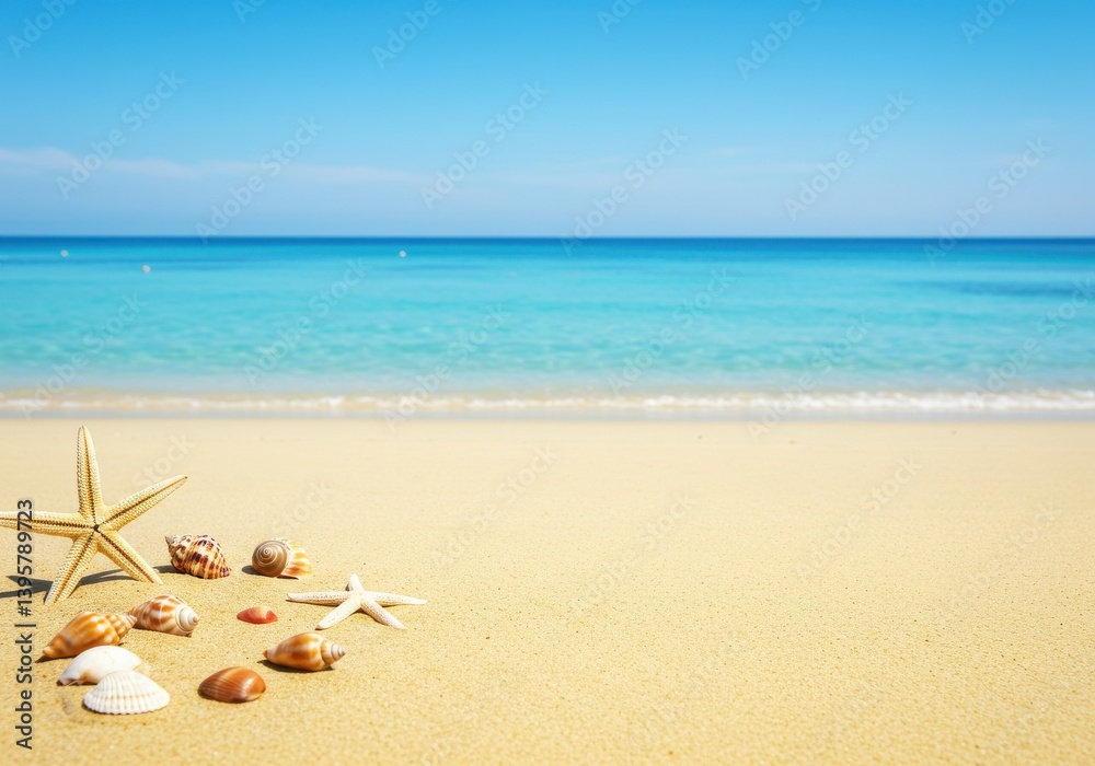 Naklejka premium A serene beach scene with seashells and starfish scattered on the golden sand near the turquoise ocean