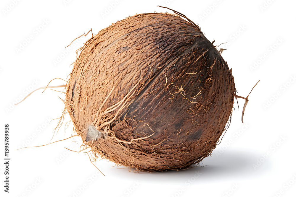Whole Coconut with a Fibrous Shell, Isolated on White Whole Coconut with a Fibrous Shell, Isolated on White