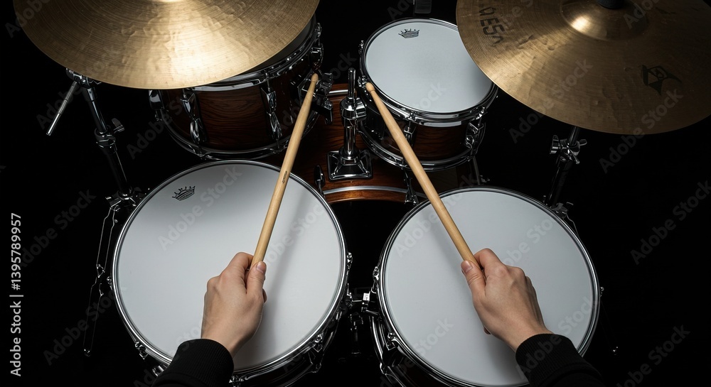 Obraz premium Overhead shot of a drum set with hands holding drumsticks in action