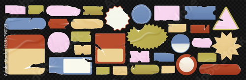 Retro wrinkled and distressed blank old labels. Vintage sticker, starburst, or sunburst badges, price tags in grunge style. Collage various clipping promotional elements with paper edge ripped.	