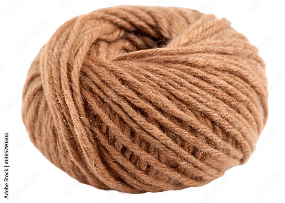 Soft brown woolen yarn isolated on transparent background.
