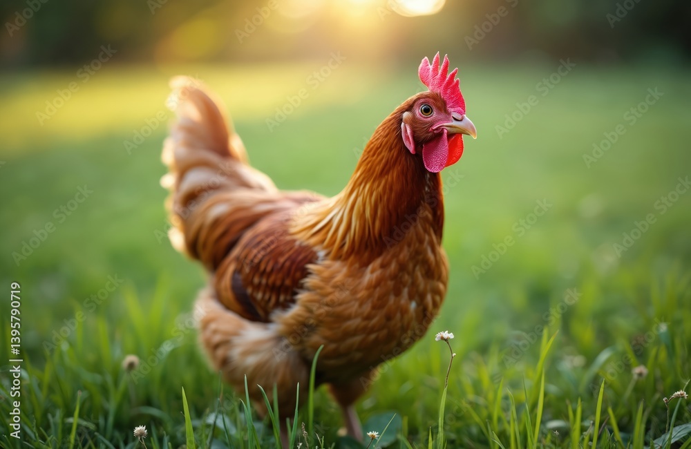 Fototapeta premium Happy free range organic chicken in meadow enjoys outdoors. Brown hen with red crest on green grass. Poultry bird on farm. Natural farming. Sustainable eco agriculture. Rural scene.