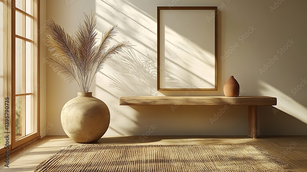 Neutral Home Interior with Minimalist Decor, Wooden Accents, Warm Sunlight, Featuring a Blank Frame, Vase, and Woven Rug.