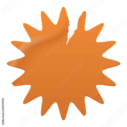 Wrinkled blank vintage old orange starburst sticker with a ripped paper edge. Sunburst, badge, price tag. Old distressed label with grunge texture for scrapbook designs. 