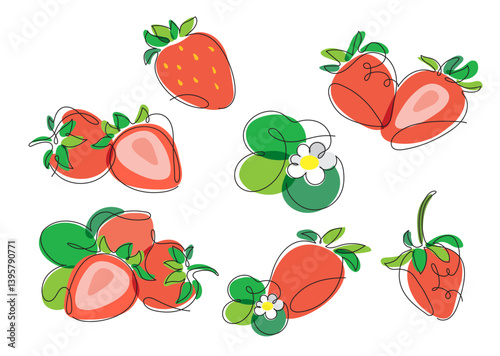 Color vector set of stylized strawberries in one line technique