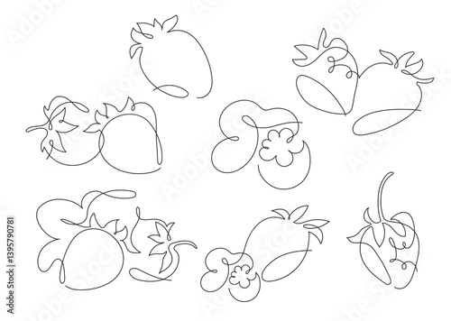Graphic vector set of simplified strawberries in one line technique