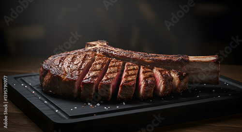 Perfectly Seared Tomahawk Steak Displayed on A Wooden Board Under Dim Light