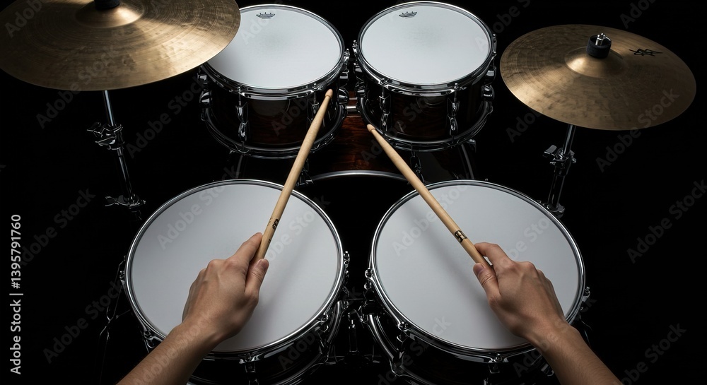 Obraz premium Overhead view of a drum kit with hands holding drumsticks ready to play