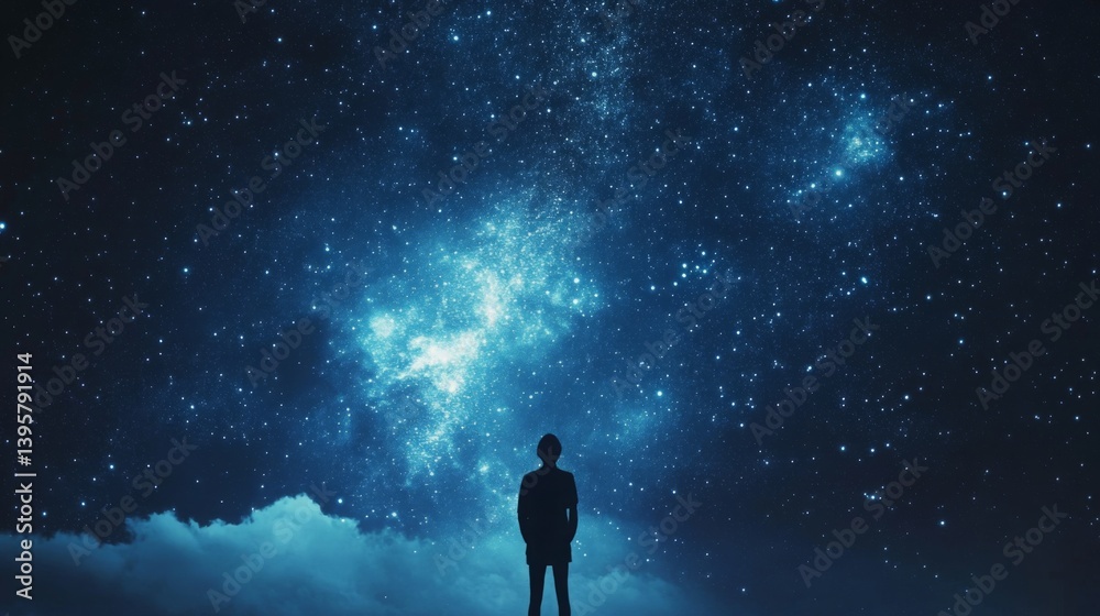 Fototapeta premium Starry night sky viewed by a person standing alone on a cloud with a vast universe above in a serene atmosphere