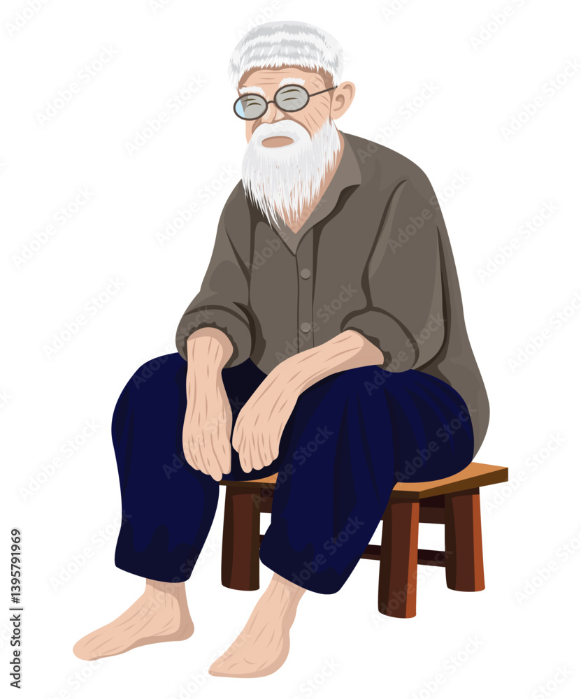 An old man sits on a wooden stool.vector design