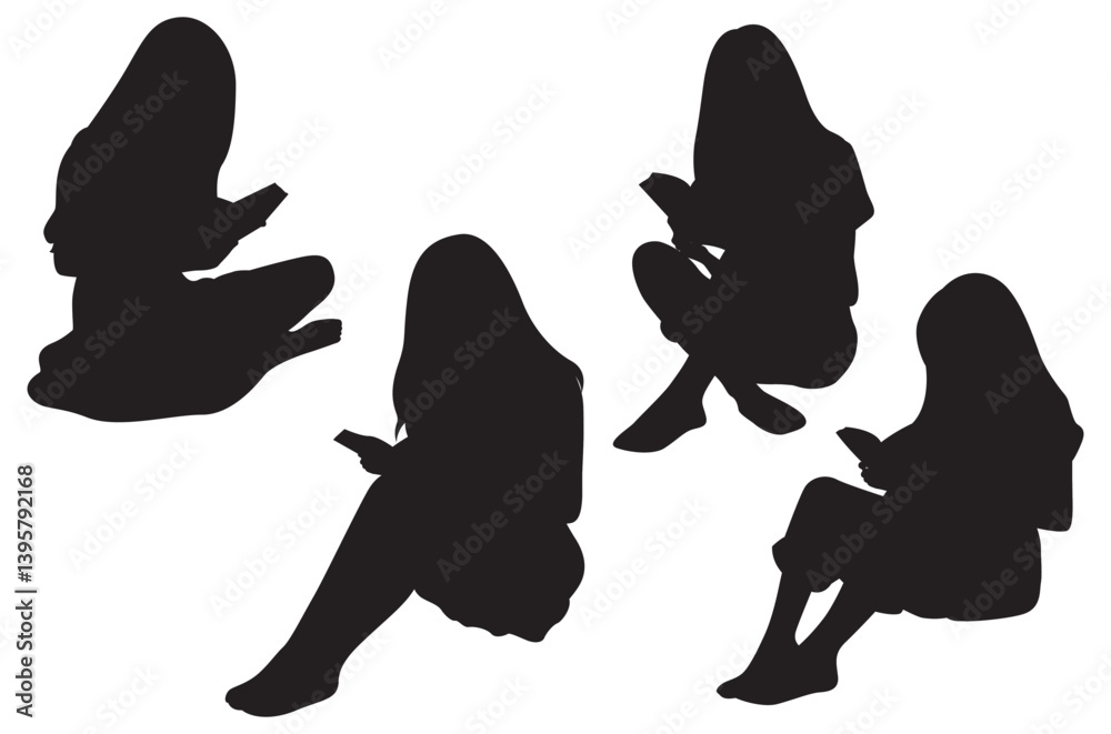 silhouette young woman group set cartoon shape, sitting and reading a book vector design