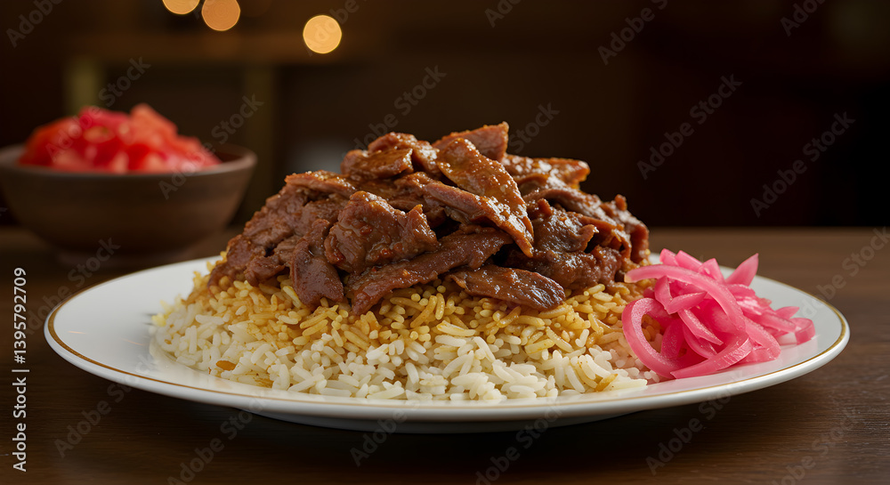 Fototapeta premium Delicious Plate Of Middle Eastern Shawarma Rice With Pickled Onions