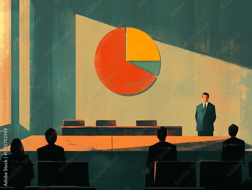 A business presentation with a pie chart displayed on a wall.