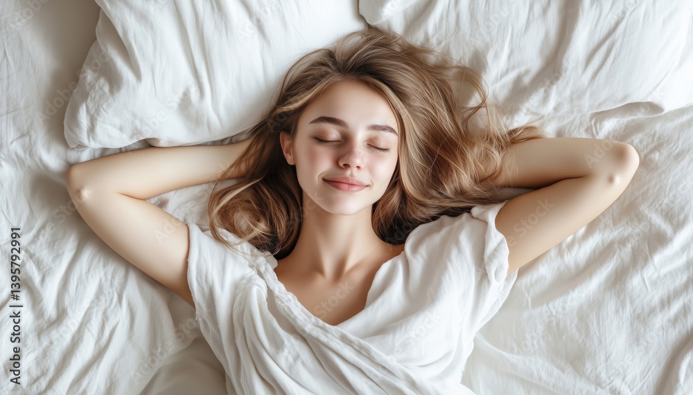 Serene Sleep: Relaxed Young Woman Curled Up In Cozy Bed With Soft Pillows, Tranquil Expression, Illustrating Peaceful Rest From Above View Serene Sleep: Relaxed Young Woman Curled Up In Cozy Bed With Soft Pillows, Tranquil Expression, Illustrating Peaceful Rest From Above View