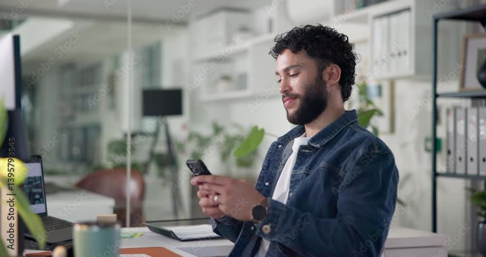 custom made wallpaper toronto digitalOffice, typing and business man with phone for social media, networking and online contact. Creative worker, relax and happy person on smartphone for internet, communication and website at work