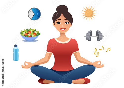 Young woman meditating in lotus position surrounded by health symbols like a salad bowl, water bottle, clock, sun, dumbbell and music notes, symbolizing and promoting a balanced healthy lifestyle