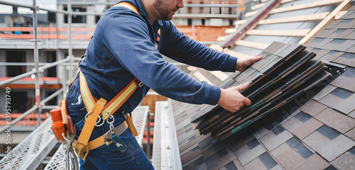 A Dedicated Roofing Worker Expertly Installs New Shingles on a Building, Ensuring Safety While Overlooking a Beautiful City Skyline Prone to Rain