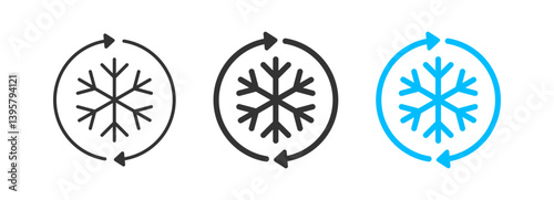 Defrost, melting, heater icon with water drop and snowflake symbol representing thawing, temperature control, cooling systems, and ice melting in flat vector design