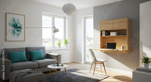 Modern Studio Apartment Design Showcasing Foldable Wall Mounted Desk