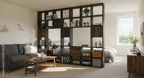 Stylish Studio Apartment Showcasing a Modular Shelving Unit Room Divider