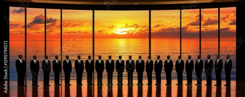 Chorus line stands at sunset view. Reflections on floor