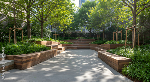 Terraced Seating Area In Green Urban Pocket Park City Landscape