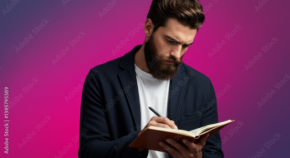 Focused bearded man taking notes with pen in a modern notebook Focused bearded man taking notes with pen in a modern notebook