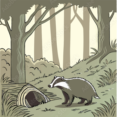 Badger in Forest_ Cartoon Wildlife Illustration