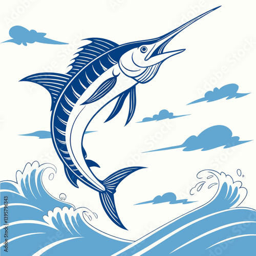 Blue Marlin Leaping Ocean Waves, Fish Art, Nautical Design