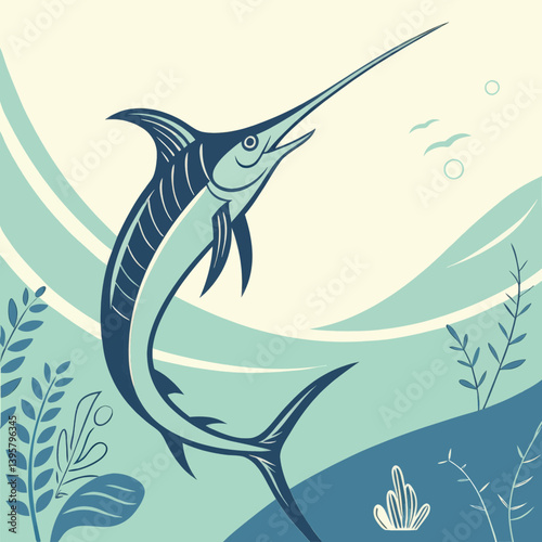 Blue Marlin Art Print, Retro Fish Illustration, Ocean Decor