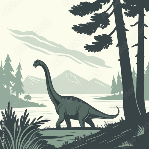 Brachiosaurus Dinosaur Scene, Prehistoric Animal, Retro Art