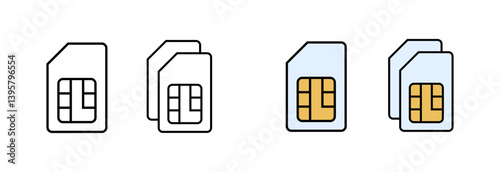 SIM card icons set in outline and solid black styles representing mobile, communication, network, storage, and cellular technology in flat vector design