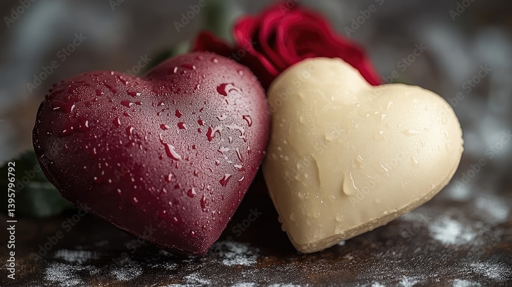 Obraz premium Heart candies glisten with dew, nestled near a rose on a textured surface