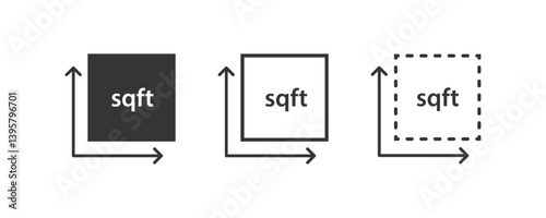 Square feet icons with solid, outline, and dashed boxes, showing sqft label and directional arrows, used for area, real estate, space, and dimension measurements in flat vector style