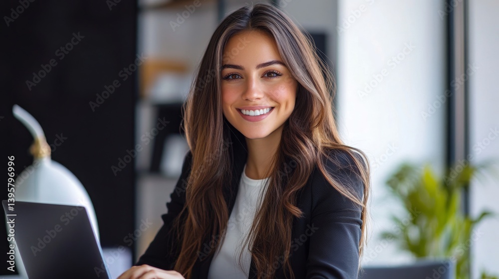 Obraz premium Smiling businesswoman working in a modern office during daytime with a laptop
