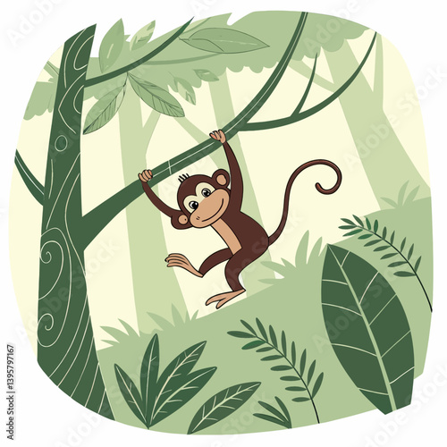 artoon Monkey Swinging in Jungle Illustration