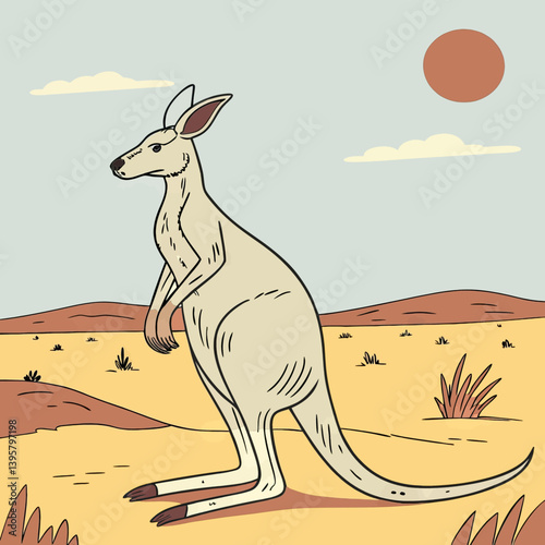 Cartoon Kangaroo in Desert Landscape Art Illustration