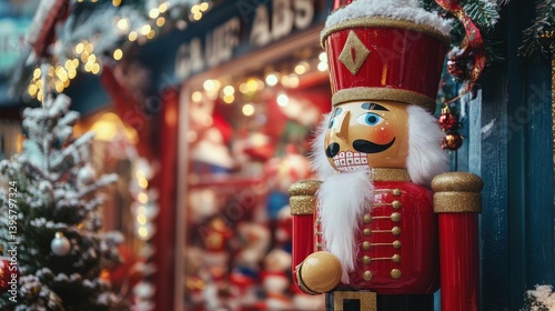 A decorated Christmas nutcracker standing outside a festive holiday shop photo