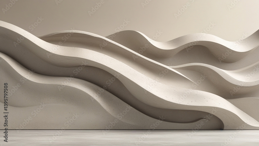 Obraz premium Serene Sand Dunes: A minimalist sculpture of flowing beige waves against a neutral backdrop.