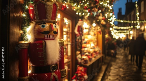 A Festive Nutcracker Standing Outside a Holiday Decorated Shop photo