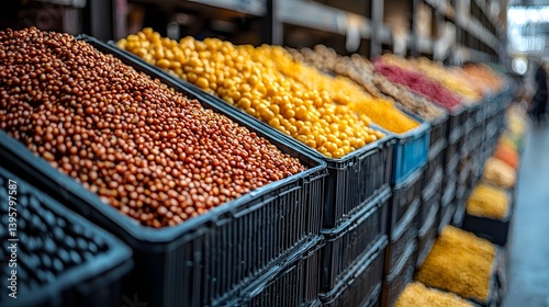 Fototapeta Naklejka Na Ścianę i Meble -  Vibrant wholesale market with colorful bulk produce displayed in large containers