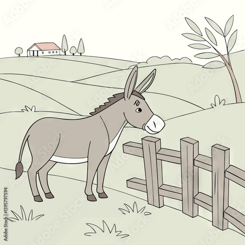 Donkey Cartoon Farm Animal Illustration_Cute Donkey in Rural Landscape_Farm Animal Cartoon Illustration_Donkey Illustration in Farm Scene_Cartoon Donkey on Farm Field