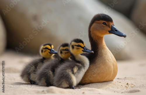 Falkland Steamer Duck family. Adult female with chicks on sandy beach. Tachyeres brachypterus bird species in natural habitat. Mother duck protect offspring in wildlife. photo