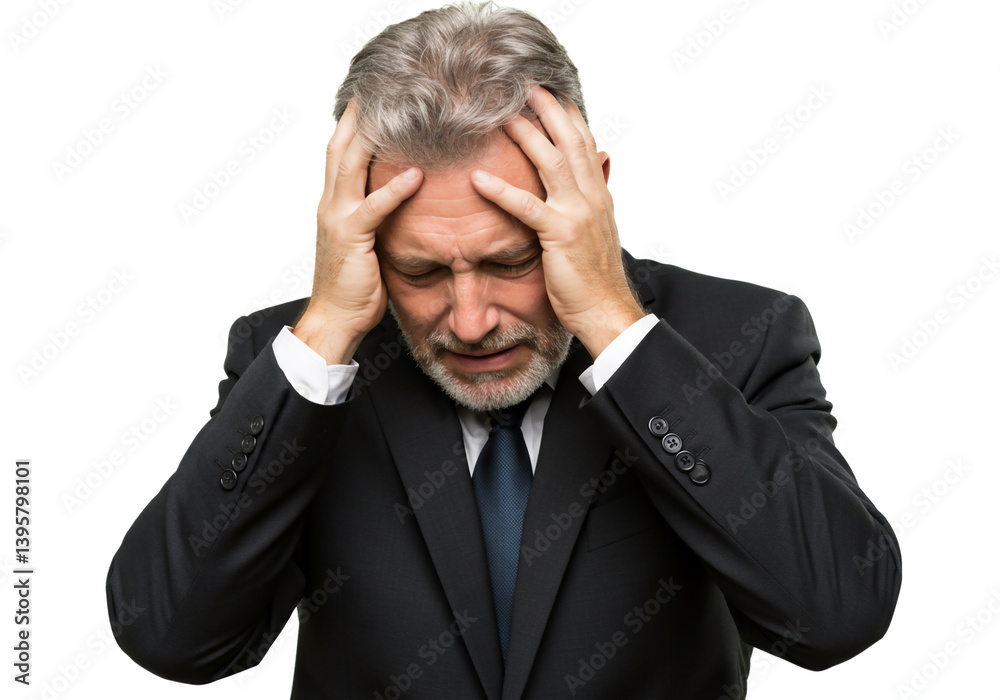 Stressed Business Man Holding Head, Pain Expression, Worry, Overwhelmed, White Background, Grey Hair. Stressed Business Man Holding Head, Pain Expression, Worry, Overwhelmed, White Background, Grey Hair.