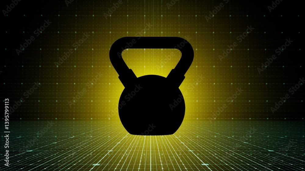 animation of Kettle bell weight. Silhouette on yellow background with holographic walls. Modern background