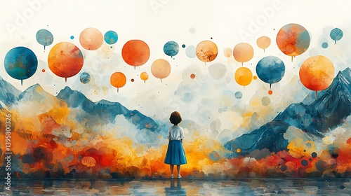Scientific scene where researchers are observing how childrens babbling includes sounds from various languages depicted by a child playing while speech bubbles of different languages float around them