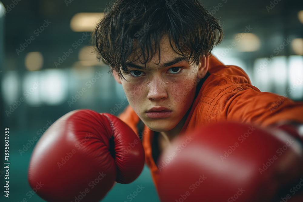 Young boy wearing boxing gloves, throwing a powerful punch at a punching bag in a well-lit gym, determined expression on his face. Young boy wearing boxing gloves, throwing a powerful punch at a punching bag in a well-lit gym, determined expression on his face.