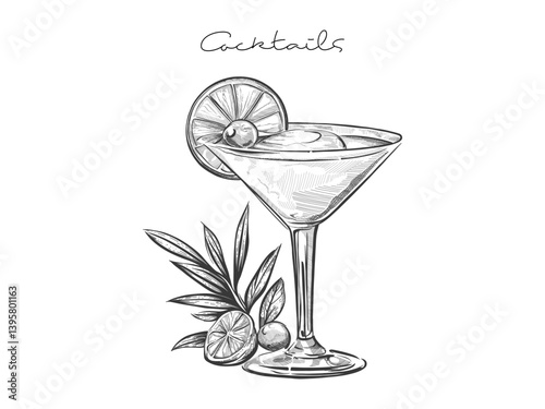 Hand drawn cocktail Illustration with сitrus garnish. Sketch of cocktail in glassware, garnished with fruit slices, mint